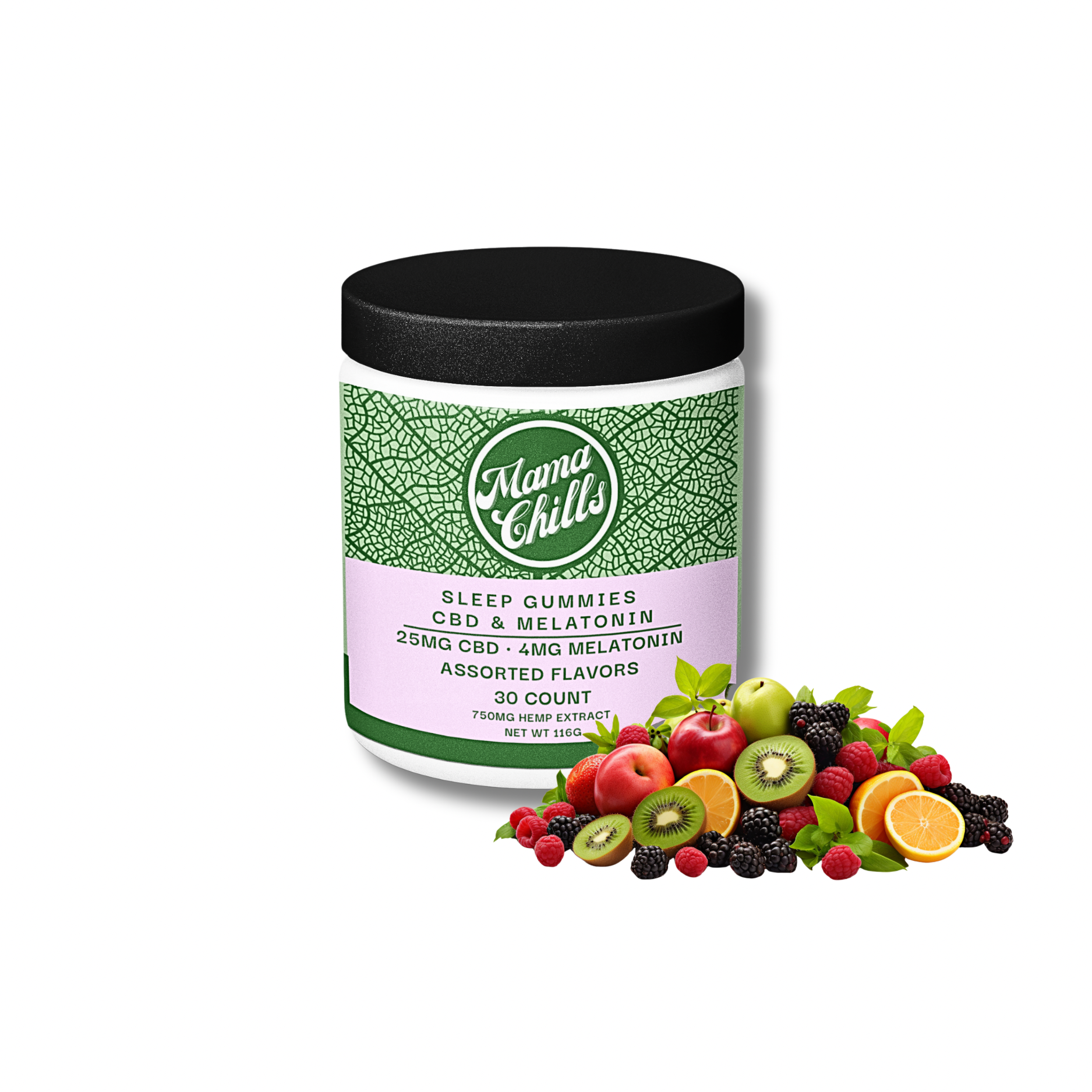 MAMA CHILLS SLEEP GUMMIES- 25MG CBD- 4MG MELATONIN- ASSORTED FLAVORS- 30 COUNT JAR