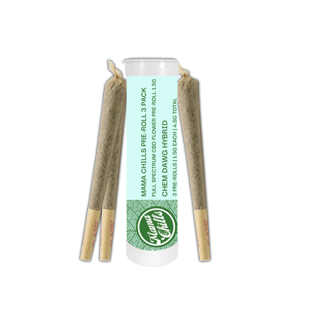 Mama Chills Chem Dawg CBD Prerolls 3 pack front angle