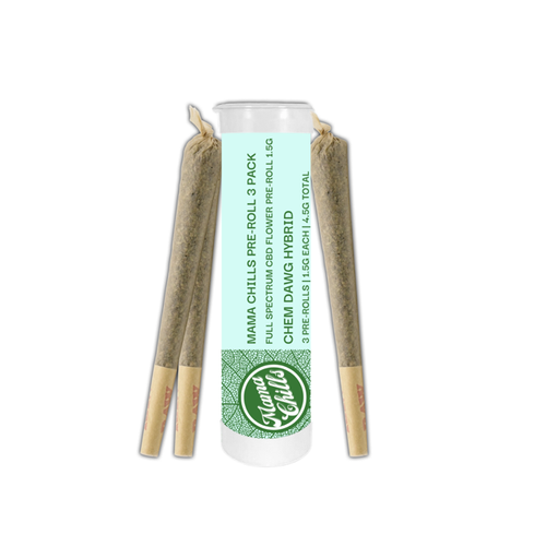 Mama Chills Chem Dawg CBD Prerolls 3 pack front angle
