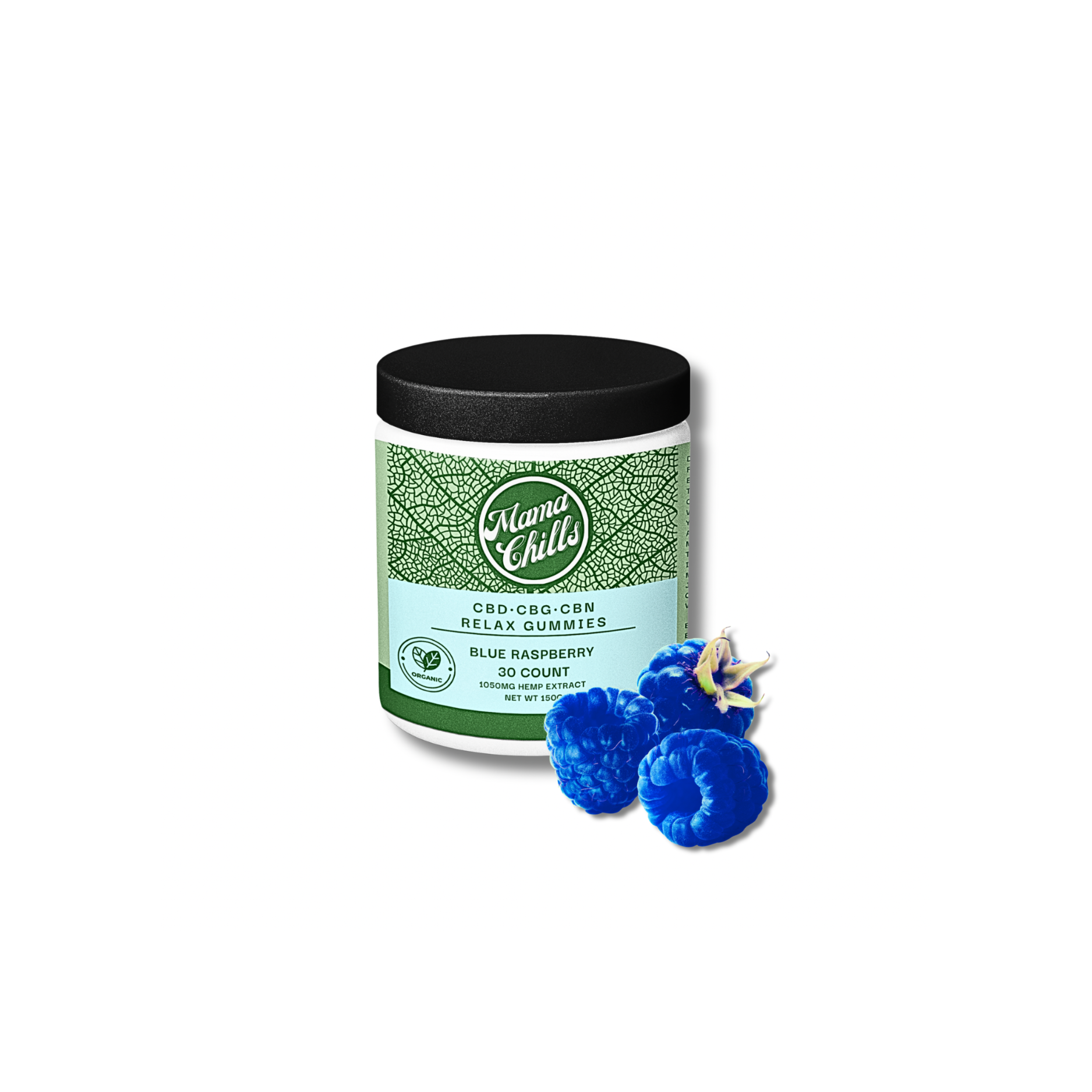 MAMA CHILLS ORGANIC RELAX GUMMIES- 25MG CBD- 5MG CBG- 5MG CBN- BLUE RASPBERRY- 30 COUNT JAR