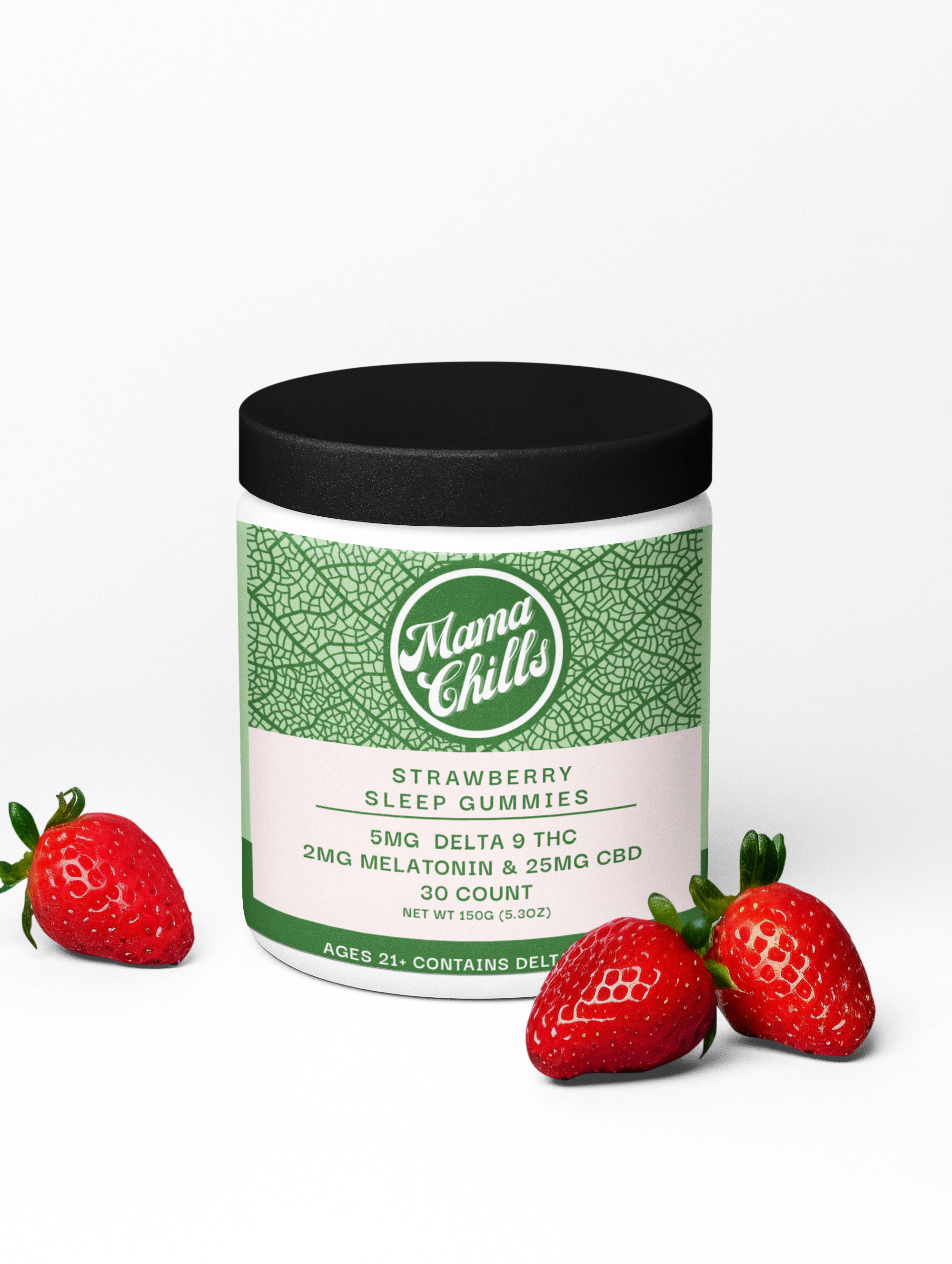 MAMA CHILLS STRAWBERRY SLEEP GUMMIES- 5MG D9 THC- 25MG CBD- 2MG MELATONIN- 30 COUNT JAR